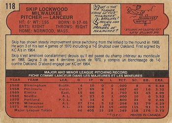 1972 O-Pee-Chee #118 Skip Lockwood Back