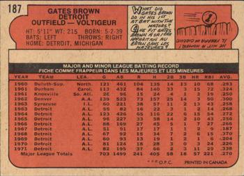 1972 O-Pee-Chee #187 Gates Brown Back