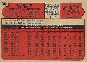 1972 O-Pee-Chee #200 Lou Brock Back