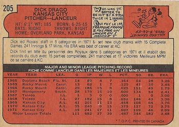 1972 O-Pee-Chee #205 Dick Drago Back