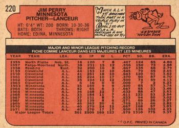 1972 O-Pee-Chee #220 Jim Perry Back