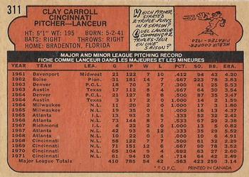 1972 O-Pee-Chee #311 Clay Carroll Back