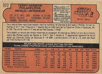 1972 O-Pee-Chee #377 Terry Harmon Back