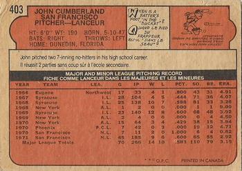 1972 O-Pee-Chee #403 John Cumberland Back
