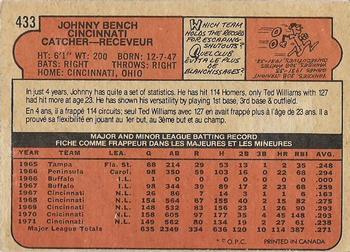 1972 O-Pee-Chee #433 Johnny Bench Back