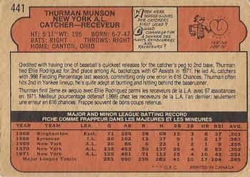 1972 O-Pee-Chee #441 Thurman Munson Back