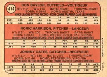 1972 O-Pee-Chee #474 Orioles 1972 Rookie Stars (Don Baylor / Roric Harrison / Johnny Oates) Back