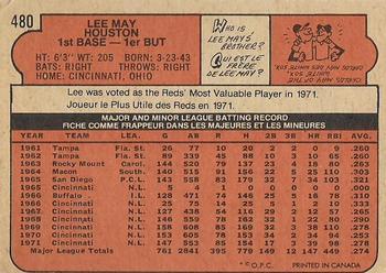 1972 O-Pee-Chee #480 Lee May Back