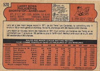 1972 O-Pee-Chee #520 Larry Bowa Back
