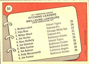 1972 O-Pee-Chee #94 1971 A.L. Pitching Leaders (Mickey Lolich / Vida Blue / Wilbur Wood) Back