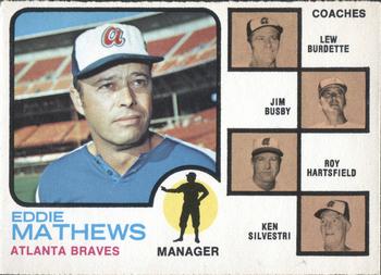 1973 O-Pee-Chee #237 Braves Field Leaders (Eddie Mathews / Lew Burdette / Jim Busby / Roy Hartsfield / Ken Silvestri) Front