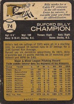 1973 O-Pee-Chee #74 Billy Champion Back