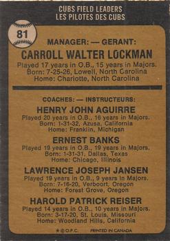 1973 O-Pee-Chee #81 Cubs Field Leaders (Whitey Lockman / Hank Aguirre / Ernie Banks / Larry Jansen / Pete Reiser) Back