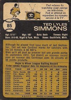 1973 O-Pee-Chee #85 Ted Simmons Back