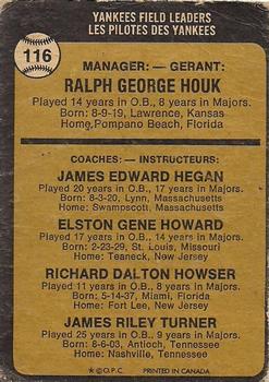 1973 O-Pee-Chee #116 Yankees Field Leaders (Ralph Houk / Jim Hegan / Elston Howard / Dick Howser / Jim Turner) Back