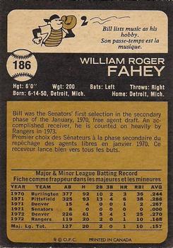 1973 O-Pee-Chee #186 Bill Fahey Back