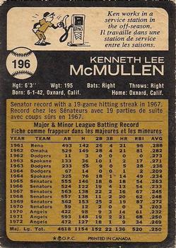 1973 O-Pee-Chee #196 Ken McMullen Back