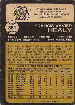 1973 O-Pee-Chee #361 Fran Healy Back