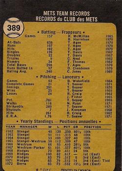 1973 O-Pee-Chee #389 New York Mets Back