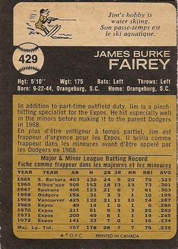 1973 O-Pee-Chee #429 Jim Fairey Back