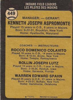 1973 O-Pee-Chee #449 Indians Field Leaders (Ken Aspromonte / Rocky Colavito / Joe Lutz / Warren Spahn) Back