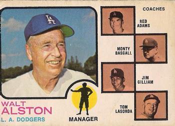 1973 O-Pee-Chee #569 Dodgers Field Leaders (Walt Alston / Red Adams / Monty Basgall / Jim Gilliam / Tom Lasorda) Front