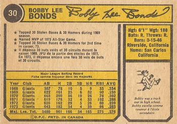 1974 O-Pee-Chee #30 Bobby Bonds Back