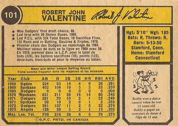 1974 O-Pee-Chee #101 Bobby Valentine Back