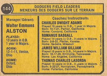 1974 O-Pee-Chee #144 Dodgers Field Leaders (Walter Alston / Tom Lasorda / Jim Gilliam / Red Adams / Monty Basgall) Back