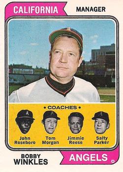 1974 O-Pee-Chee #276 Angels Field Leaders (Bobby Winkles / John Roseboro / Tom Morgan / Jimmie Reese / Salty Parker) Front
