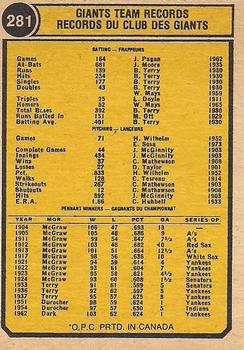 1974 O-Pee-Chee #281 San Francisco Giants Back