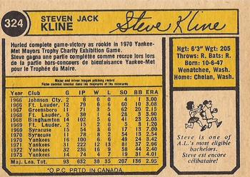 1974 O-Pee-Chee #324 Steve Kline Back
