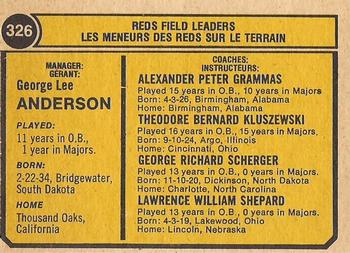 1974 O-Pee-Chee #326 Reds Field Leaders (Sparky Anderson / Larry Shepard / George Scherger / Alex Grammas / Ted Kluszewski) Back