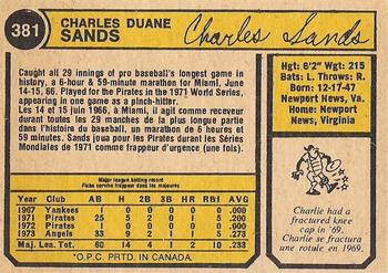 1974 O-Pee-Chee #381 Charlie Sands Back