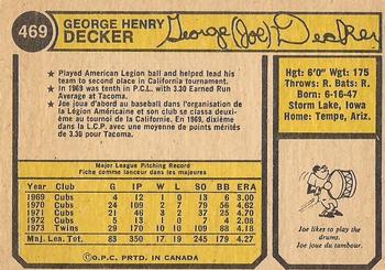1974 O-Pee-Chee #469 Joe Decker Back