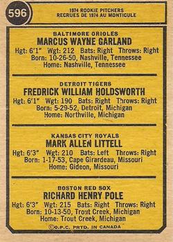 1974 O-Pee-Chee #596 1974 Rookie Pitchers (Wayne Garland / Fred Holdsworth / Mark Littell / Dick Pole) Back