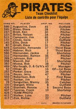 1974 O-Pee-Chee - Red Team Checklists #NNO Pittsburgh Pirates Back