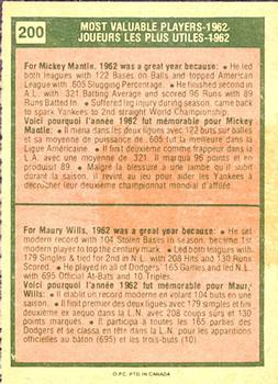 1975 O-Pee-Chee #200 1962 MVPs (Mickey Mantle / Maury Wills) Back