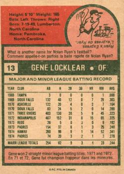 1975 O-Pee-Chee #13 Gene Locklear Back