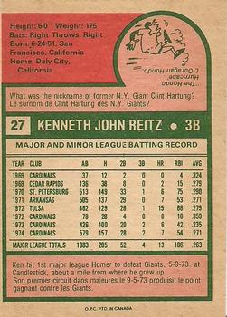 1975 O-Pee-Chee #27 Ken Reitz Back