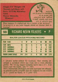 1975 O-Pee-Chee #98 Rich Folkers Back