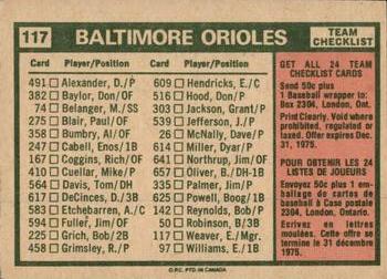 1975 O-Pee-Chee #117 Baltimore Orioles / Earl Weaver Back