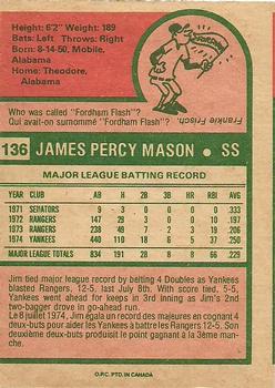 1975 O-Pee-Chee #136 Jim Mason Back