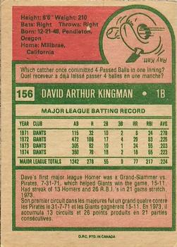 1975 O-Pee-Chee #156 Dave Kingman Back