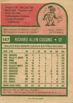1975 O-Pee-Chee #167 Rich Coggins Back