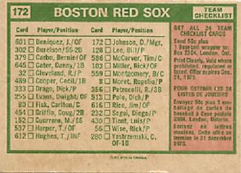 1975 O-Pee-Chee #172 Boston Red Sox / Darrell Johnson Back