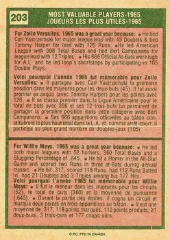 1975 O-Pee-Chee #203 1965 MVPs (Zoilo Versalles / Willie Mays) Back