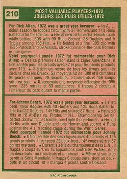 1975 O-Pee-Chee #210 1972 MVPs (Rich Allen / Johnny Bench) Back