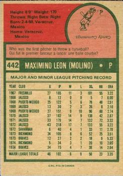 1975 O-Pee-Chee #442 Maximino Leon Back