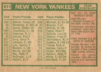 1975 O-Pee-Chee #611 New York Yankees / Bill Virdon Back